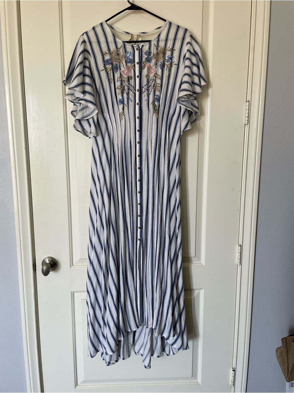Aratta Blue Stripe Embroidered Midi Dress